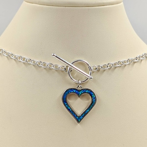 Blue Fire Opal & 925 Sterling Silver Heart Pendant Curb Chain Toggle Necklace; Opal Heart with Front Toggle Close; Blue Opal Toggle Necklace