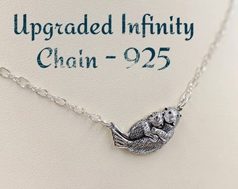 Sterling 925 Mom & Baby Otter Necklace; Mother and Child Necklace; Mom and Pup Otter Pendant w Sterling Infinity Chain, Infinity Close