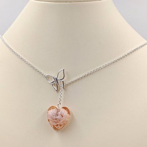 Sterling Silver Venetian Heart Lariat Necklace; 925 Butterfly Infinity Necklace with Heart; Venetian Glass Heart Necklace w Butterfly Center