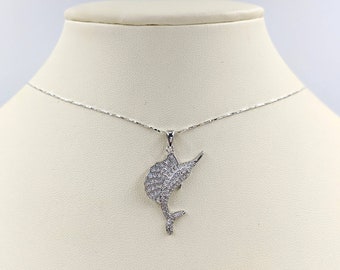 Opal Fish Necklace; 925 Sterling Silver Pave Swordfish Necklace; Swordfish Pendant; CZ Pave Fish Necklace; Necklace with Sword Fish Pendant