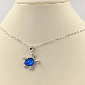Sterling Silver Infinity Chain Necklace with Blue Fire Opal 925 Turtle; Blue Opal Sea Turtle; Turtle Necklace with Blue Opal, Infinity Close