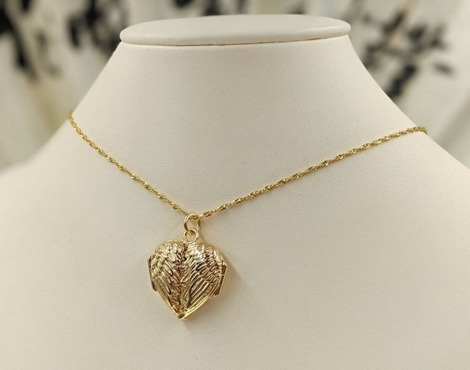 14K Gold Vermeil Wing Heart Locket Necklace; Gold Angel Wing Locket ...