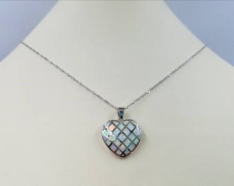 White or Blue Fire Opal & 925 Sterling Silver Heart Pendant on Sterling Snake or Water Wave Chain; Infinity Link/Lobster Close Necklace