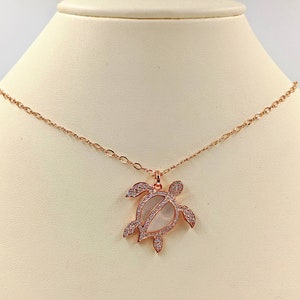 Rose Gold Sea Turtle Necklace; 925 Sterling & Rose Turtle, 925 Rose Necklace w Hanging Sea Turtle; Rose Turtle Pendant with Infinity Close