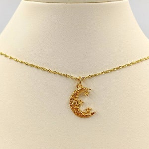 Gold Crescent Moon Necklace; Textured Gold Crescent Moon Necklace; 925 Moon Pendant with Gold Star; Star and Moon, Easy On Infinity Close