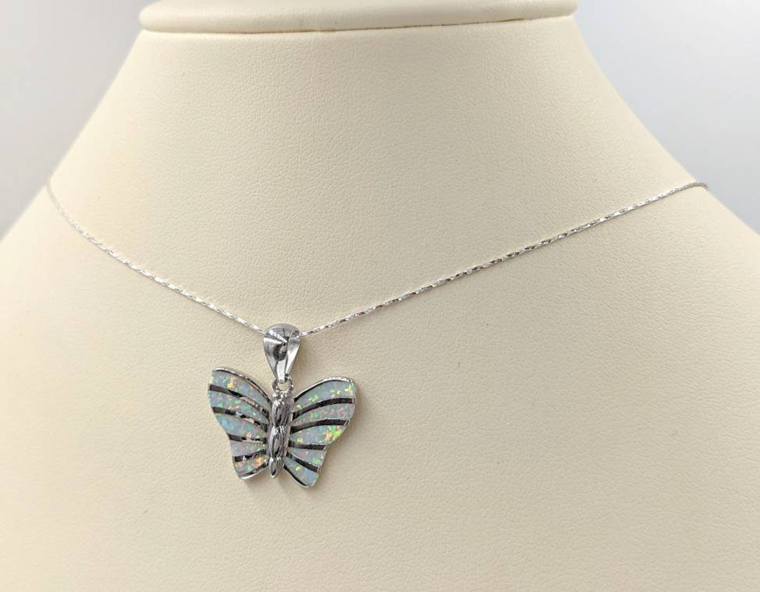 Unique Blue FIRE OPAL Butterfly Pendant - 925 STERLING  Butterfly Onyx and Fire Opal Sterling Silver 925 Necklace Pendant display picture 1