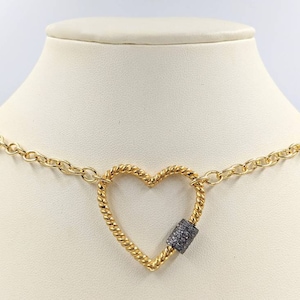 924 Pave Heart Carabiner Clasp Necklace; Carabiner Necklace; Skydivers Clasp Necklace; Babylock Clasp; Necklace with Gold Carabiner Clasp