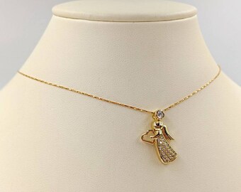 Pave Gold and CZ Angel Pendant Necklace; CZ Angel; 925 Gold Pave Angel with Heart; Angel Necklace with Heart; 925 Angel, Infinity Close