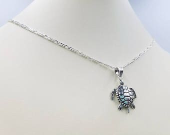 Sea Turtle Pendant, Sterling Silver Figaro Chain Necklace w 925 Sterling Silver Sea Turtle, Sterling Infinity Lobster Clasp & Link Easy On