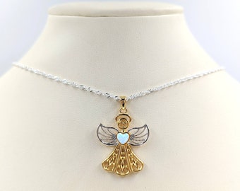 Filigree Gold and Opal Angel Pendant Necklace; Two Tone Opal Angel; 925 Gold Angel with White Opal Heart; Angel Necklace w Opal; 925 Angel