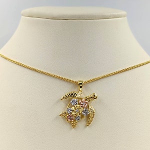Tri Tone Gold Turtle with Silver, Gold, & Rose Gold Flowers; Turtle Necklace and Plumeria Flowers; 925 Gold Sea Turtle with Hibiscus Flowers