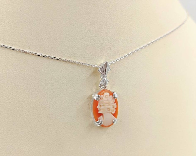 925 Petite Shell Cameo Peach Orange Shell Cameo Necklace w Sterling Silver Setting Shell Cameo Necklace Shell Cameo, Infinity Close image 3