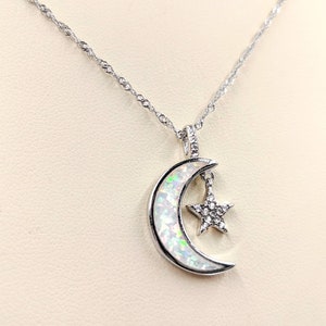 Moon and Star Necklace; 925 Silver Crescent Moon with White Opal & Pave Star; Opal Moon Necklace; Moon Pendant with Star, Infinity Close