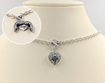 My Angel Hidden Message Winged Heart; 925 Angel Heart w Message; Message Heart; Angel Wing Heart Toggle Necklace; Angel Wing Locket Toggle