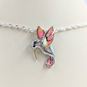 Two Tone Hummingbird Necklace; 925 Sterling Silver Hummingbird Pendant; Gold & White Opal Hummingbird Necklace; White Pink Opal Hummingbird