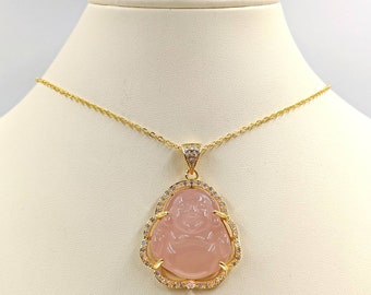 Yellow Gold Genuine Pink Jade Buddha; 925 Gold Buddha Necklace; Gold Buddha Necklace; Pink Jade Buddha Pendant; Pink Jade Happy Buddha