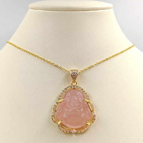Yellow Gold Genuine Pink Jade Buddha 
