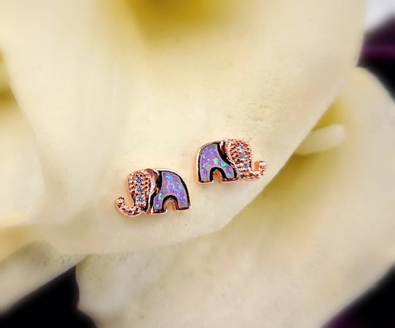 10k Rose Gold Ethiopian Opal Cushion Stud Earrings – Pinctore Rose Gold Elephant Earrings with Opal Accents display picture 1