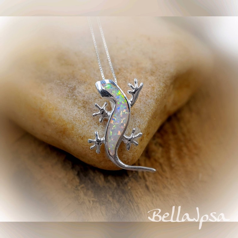 White Opal and 925 Sterling Silver Lizard Necklace; Gecko Lizard Necklace; Silver /& White Opal Lizard Pendant; Salamander Infinity Close