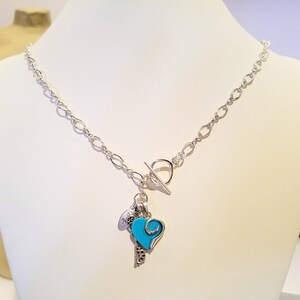925 & Blue Turquoise Heart Toggle Necklace w Filigree Antiqued Key Pendant; Key to My Heart Necklace, Front Close Toggle; Turquoise Heart