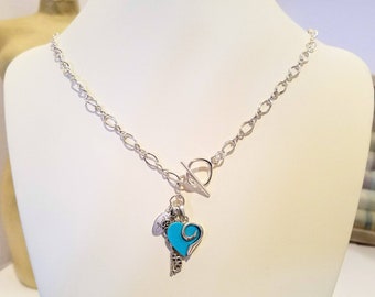 925 & Blue Turquoise Heart Toggle Necklace w Filigree Antiqued Key Pendant; Key to My Heart Necklace, Front Close Toggle; Turquoise Heart