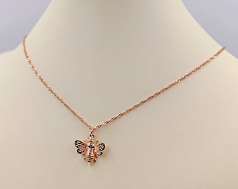 14K Vermeil Rose Gold Honey Bee Necklace; Large 925 Bumble Bee; Rose Gold Bee Necklace; Bumble Bee Pendant; Gold Bee Charm, Infinity Close