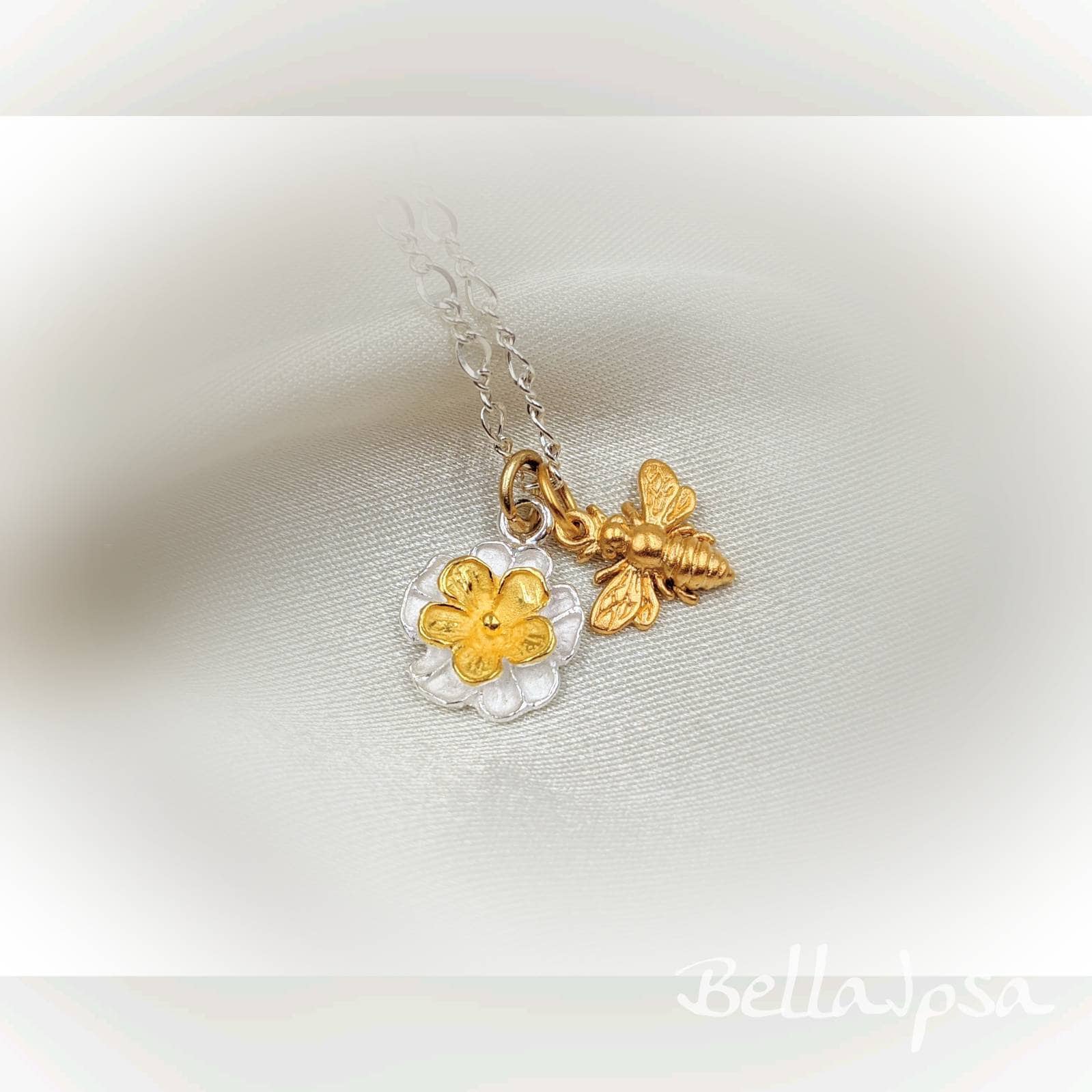 Two Tone Bee & Flower Necklace; 925 Bee Flower Necklace