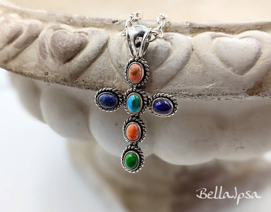 925 Sterling Silver Multi Stone Cross; Antiqued Look Stone Cross ...