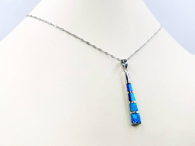 Blue Opal and Sterling Silver Bar Drop Necklace Set w Matching Opal Bar Drop Earrings; Sterling Silver Rope Twist Chain and Infinity Clasp