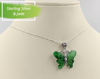 Collar colgante de mariposa de jade verde en plata de ley 925 Mariposa de jade; Mariposa de Jade genuina; Mariposa esterlina, cierre infinito