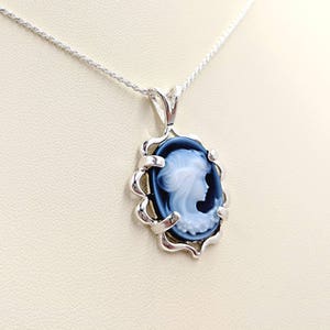 Victorian Cameo, Genuine Agate Cameo Necklace, Blue Woman Stone, Rope Chain and Sterling Fancy Setting; Sterling Infinity Clasp & Close