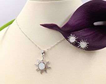 White Opal and Sterling Silver Sun Necklace w Matching Opal Earrings; Sun Necklace & Earring Set; 925 Silver Sun; Sunshine, Infinity Close