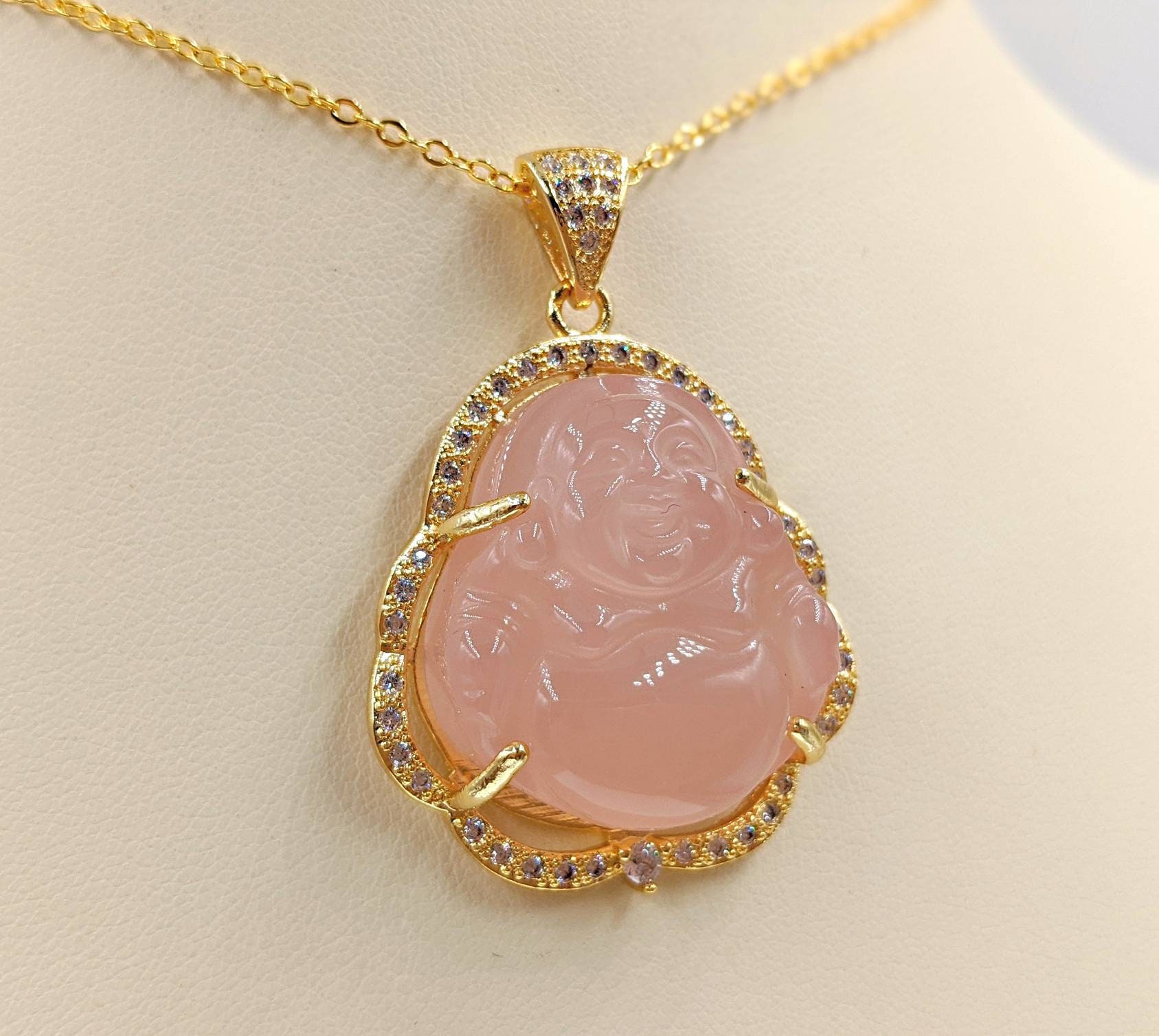 Yellow Gold Genuine Pink Jade Buddha 925 Gold Buddha Necklace Gold Buddha Necklace Pink Jade Buddha Pendant Pink Jade Happy Buddha Etsy UK