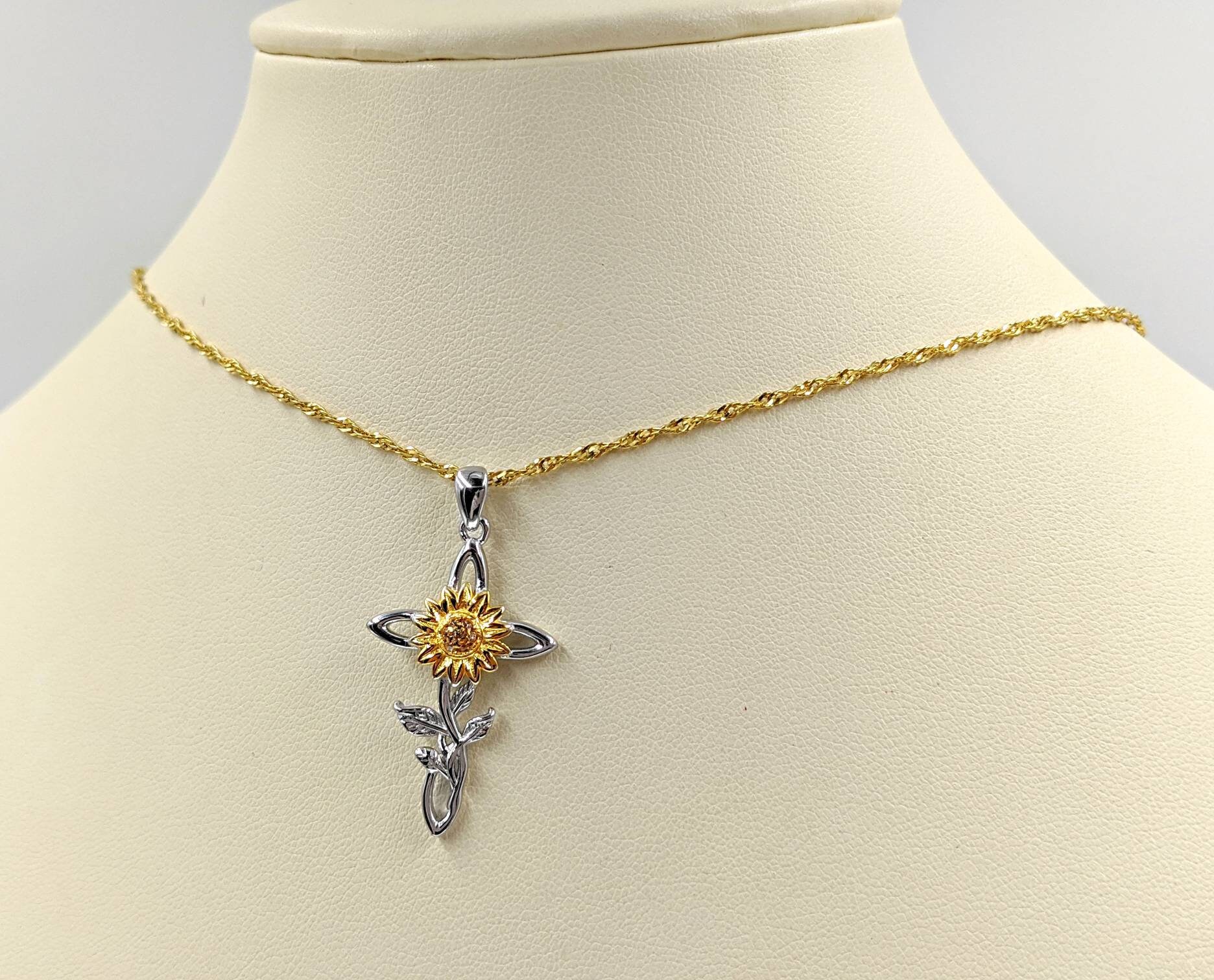 925 Two Tone Pave Sunflower Cross Necklace 925 CZ Sunflower Etsy