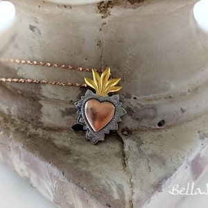 Silver, Gold & Rose Gold Vermeil Burning Heart; 925 Tri Tone Burning Heart; Sterling Silver Gold Sacred Heart; 925 Sacred Heart Necklace