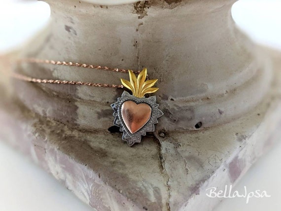 Silver, Gold & Rose Gold Vermeil Burning Heart 925 Tri Tone Burning Heart  Sterling Silver Gold Sacred Heart 925 Sacred Heart Necklace - Etsy