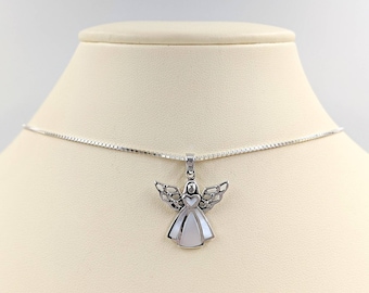 Silver and Pearl Angel Pendant Necklace; MOP Angel; 925 Silver Angel w Mother of Pearl Heart; 925 Guardian Angel Necklace; Infinity Close