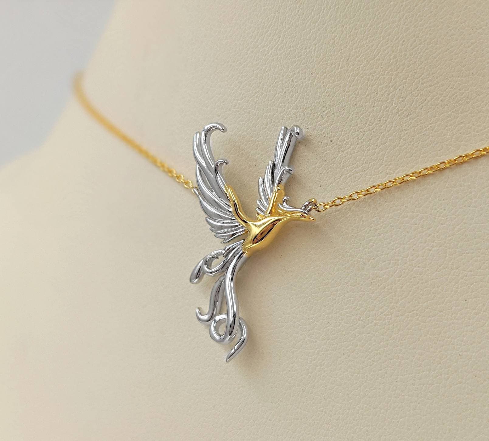 Phoenix Rising Ring Gold Two Tone Phoenix Rising Necklace, 925 Silver and Gold Phoenix Rising ...