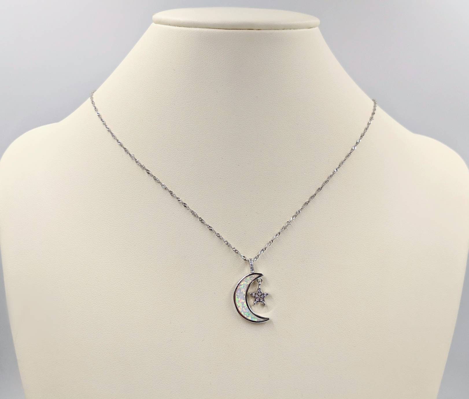 Moon and Star Necklace; 925 Silver Crescent Moon With White