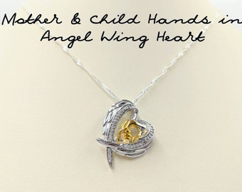 Mother & Child Hands Pendant; Angel Wing Heart Necklace; Double Wing Heart Necklace; Mother and Infant Necklace; Angel Wing, Infinity Close