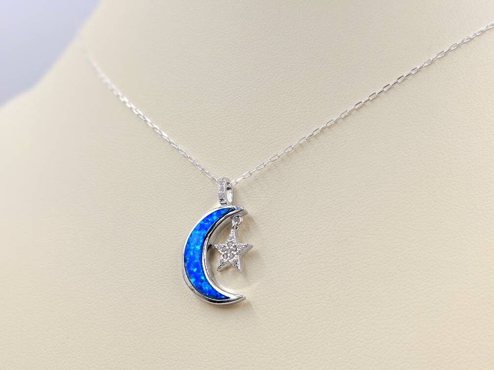 Moon and Star Necklace; 925 Silver Crescent Moon With Blue Moon and Star Necklace; 925 Silver Crescent Moon With Blue
