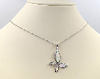 Butterfly Necklace; 925 White Opal Butterfly Necklace; Sterling White Opal Butterfly; 925 Silver White Fire Opal Butterfly; Infinity Close