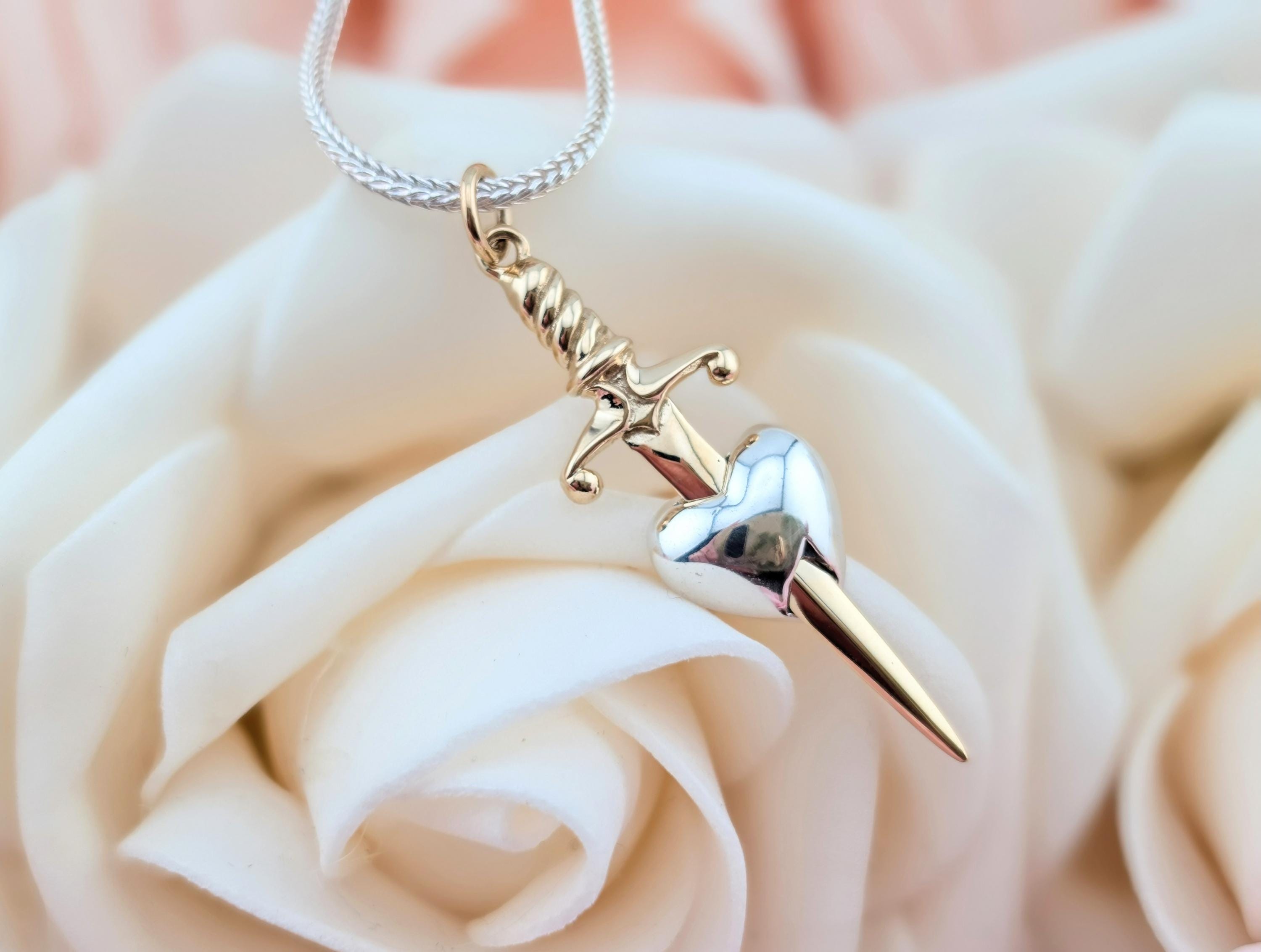 Bronze Sword Through Silver Heart; 925 Sterling Two Tone Burning