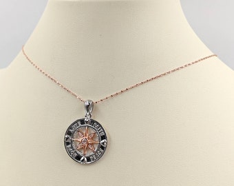 Sterling Love Faith Peace Hope Compass Necklace; Rose Gold Compass; Graduate Gift; Two Tone Compass Necklace Graduation Gift, Infinity Close