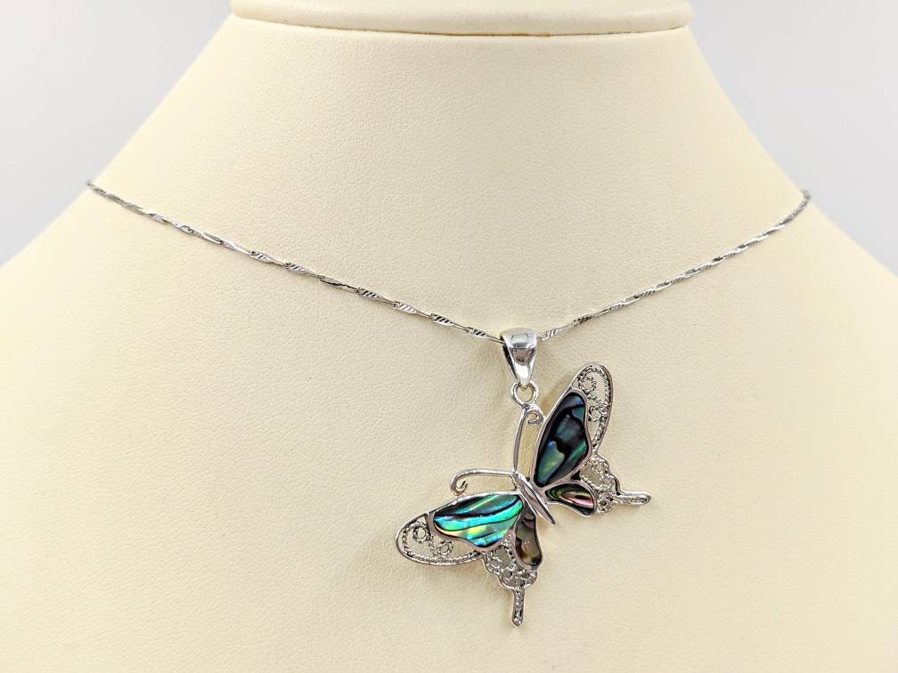 Sterling Silver Abalone Butterfly Necklace; Necklace with Abalone Shell Butterfly; 925 Abalone Shell Butterfly, Infinity Close & Free Ship