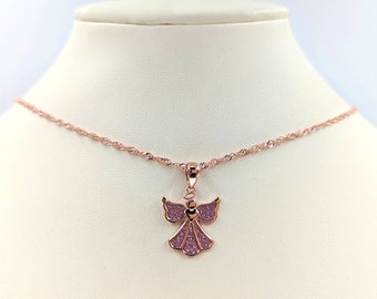 Silver and Rose Gold Glitter Angel Pendant Necklace; Glittery Angel; 925 Silver Angel w Heart; Rose Gold Angel Necklace; Sterling Fairy
