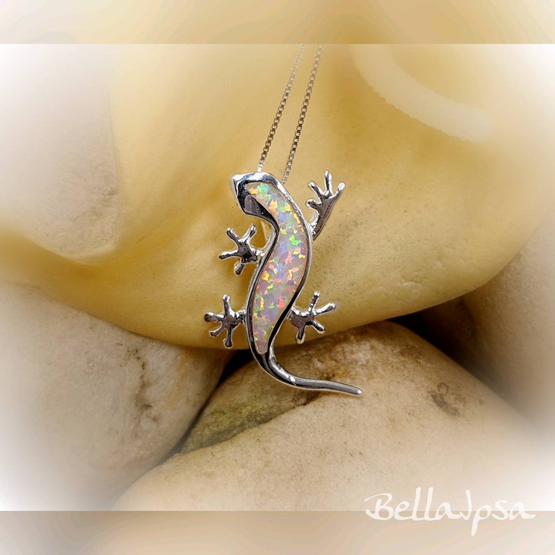 White Opal and 925 Sterling Silver Lizard Necklace; Gecko Lizard Necklace; Silver /& White Opal Lizard Pendant; Salamander Infinity Close