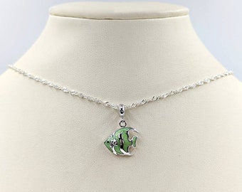 Green Enamel Fish Necklace; 925 Sterling Silver and Green Angel Fish; 925 Angel Fish Charm on Sterling Silver Chain; Angel Fish Pendant