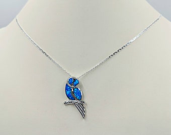 Blue Opal Owl Necklace; 925 Sterling & Fire Opal Owl Charm on Mariner Chain; Opal Owl Jewelry, Blue Opal Bird Necklace; Infinity Close
