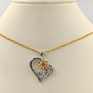 You Are My Sunshine Two Tone Pave Sunflower Heart Necklace; You Are My Sunshine Necklace; 925 Gold Sunflower CZ Necklace, Infinity Close